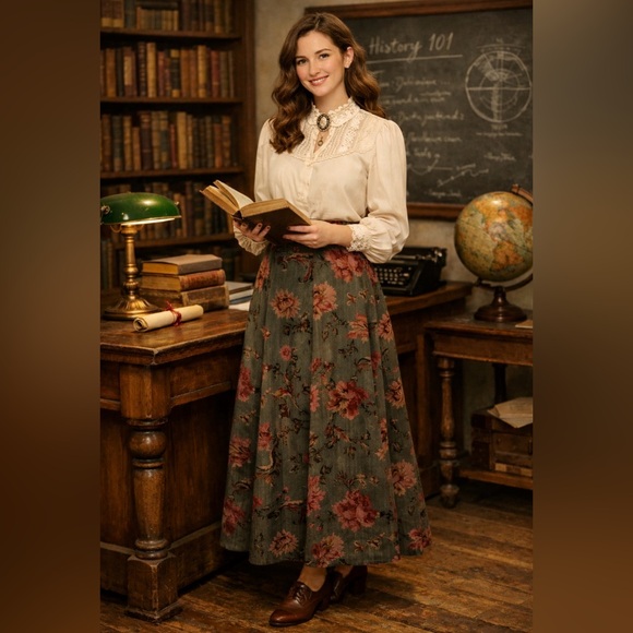 VTG 90s Dark Academia Taupe Burgundy Rose Floral Maxi Skirt By Koret, Size S-M - Picture 14 of 14